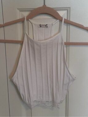 Free People White Ribbed Lace-Hem Halter Camisole